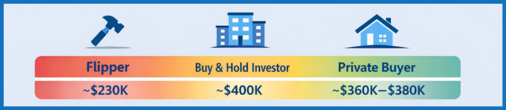 Graphic showing that the same home can have different values depending on who the cash buyer is.