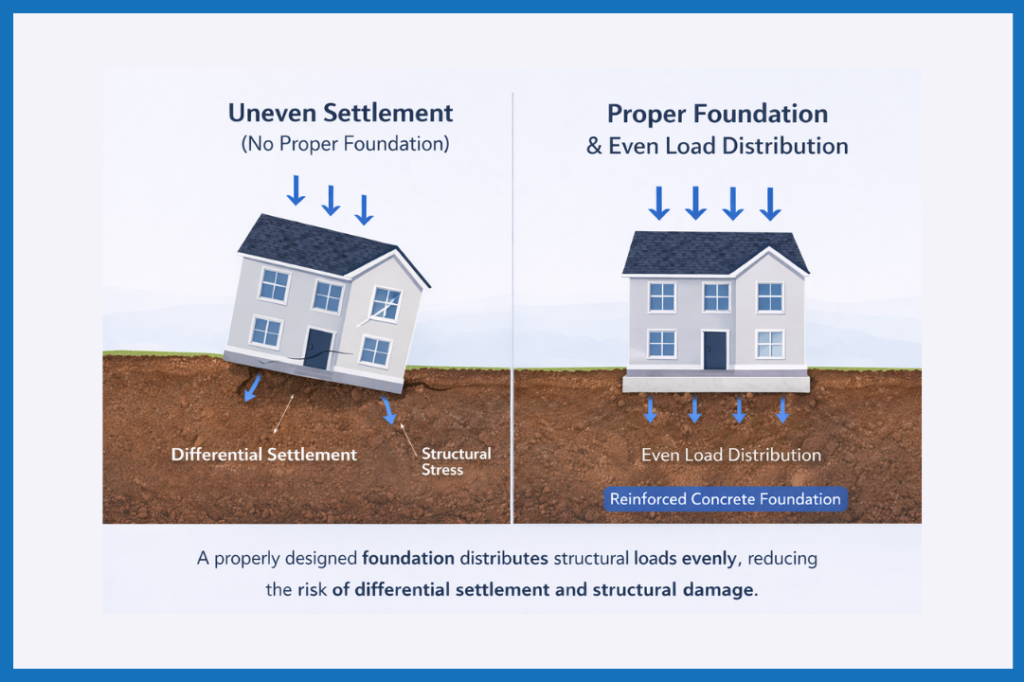 Side-by-side comparison of uneven settlement without a proper foundation versus a house with a reinforced concrete foundation showing even load distribution and stable soil compression.