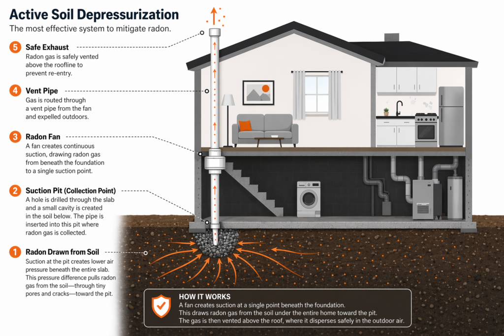 Active soil depressurization radon mitigation system diagram showing suction pit under foundation and vent pipe exhausting radon above roof.
