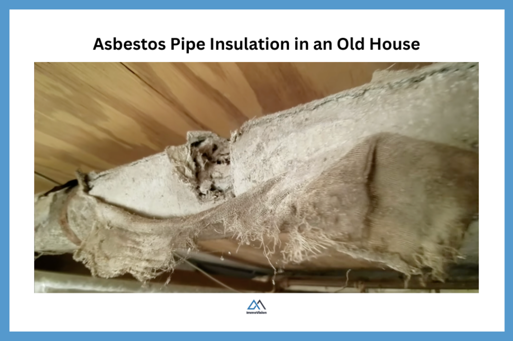 Damaged asbestos pipe insulation with torn cloth wrap exposing crumbling inner material in an older home