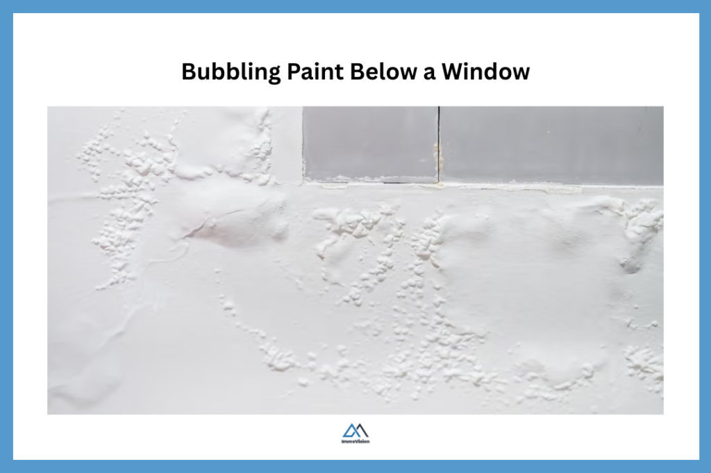 Bubbling paint below a window caused by trapped moisture and potential mould growth