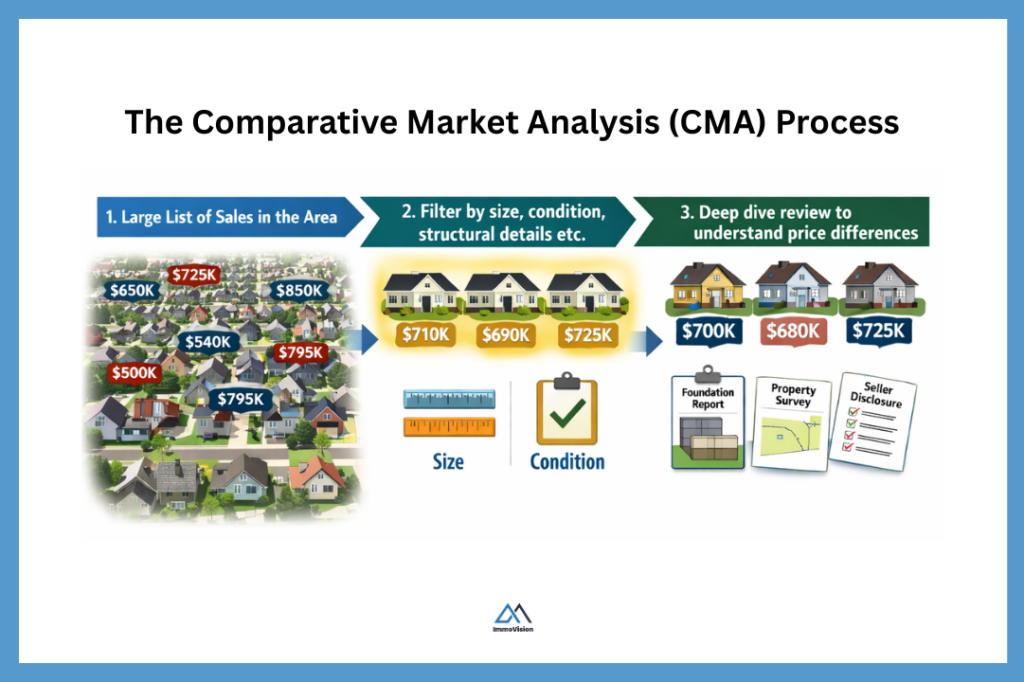 Comparative market analysis process showing how real estate comps are filtered from many home sales to a few comparable properties with prices.