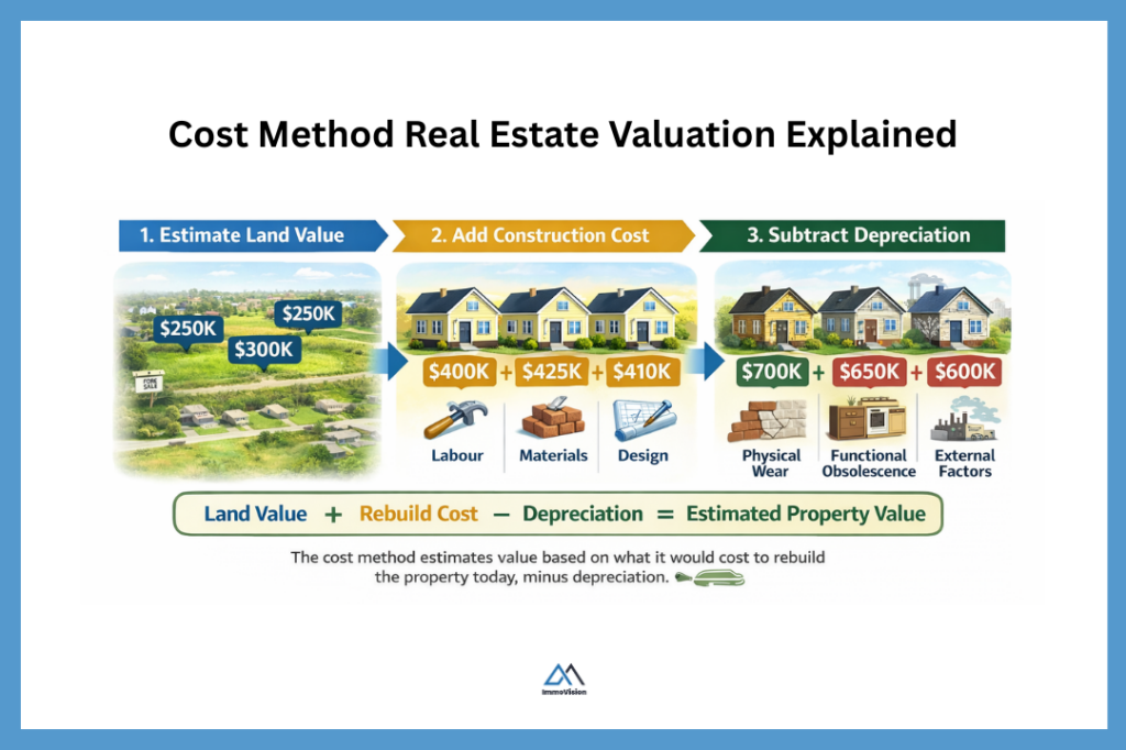 Cost method real estate valuation diagram showing land value plus construction cost minus depreciation to estimate property value in Canada