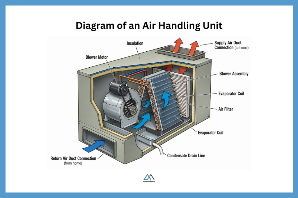 Cutaway diagram of an HVAC air handler showing blower motor, evaporator coil, air filter, and airflow direction with labeled components