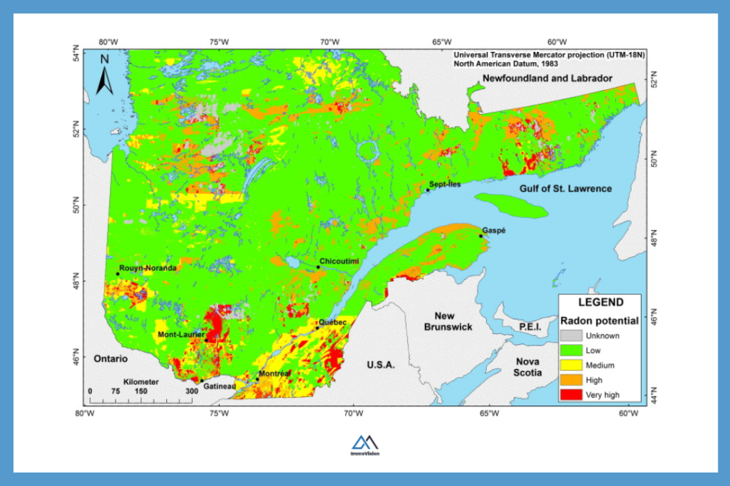 Map of Quebec showing indoor radon potential levels (low to very high) based on geological uranium data and measured radon concentrations.