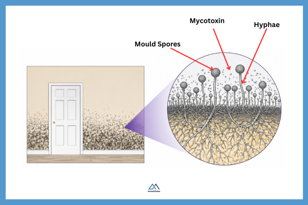 Illustration of mold growing on a wall near a door with a zoomed-in view showing branching hyphae and airborne spores.