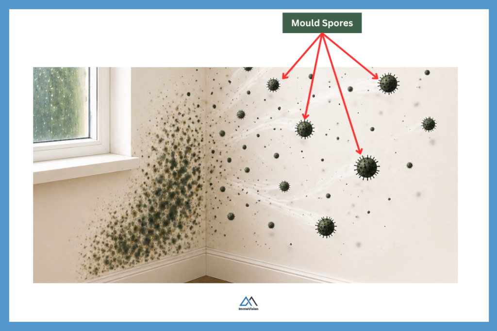 Mould growth on an interior wall corner with spores spreading through the air in a home environment, illustrating airborne contamination from damp indoor mould.