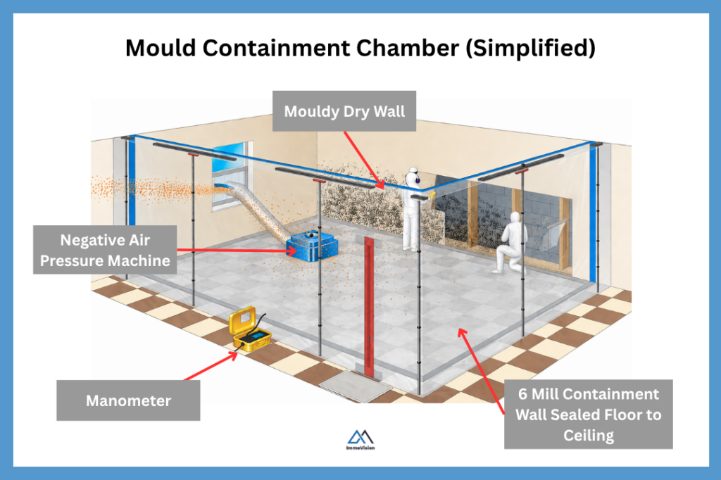 Isometric diagram of a mould remediation process inside a sealed room with containment barriers, workers in protective gear, and airborne spores being pulled into a negative air pressure machine.