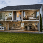 Cross-section of a suburban home showing mould growth spreading inside rooms due to moisture, humidity, and poor ventilation.