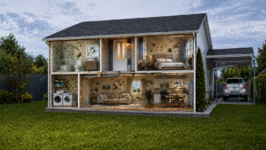 Cross-section of a suburban home showing mould growth spreading inside rooms due to moisture, humidity, and poor ventilation.