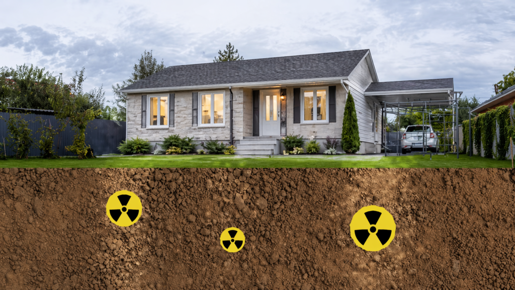 Cutaway illustration of a single-family home in Quebec showing radioactive radon gas contamination in the soil beneath the foundation.