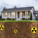 Cutaway illustration of a single-family home in Quebec showing radioactive radon gas contamination in the soil beneath the foundation.