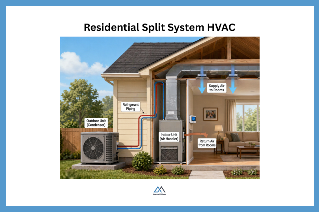 Diagram of a residential split system HVAC showing outdoor condenser unit beside house connected to indoor air handler with refrigerant lines and ductwork.