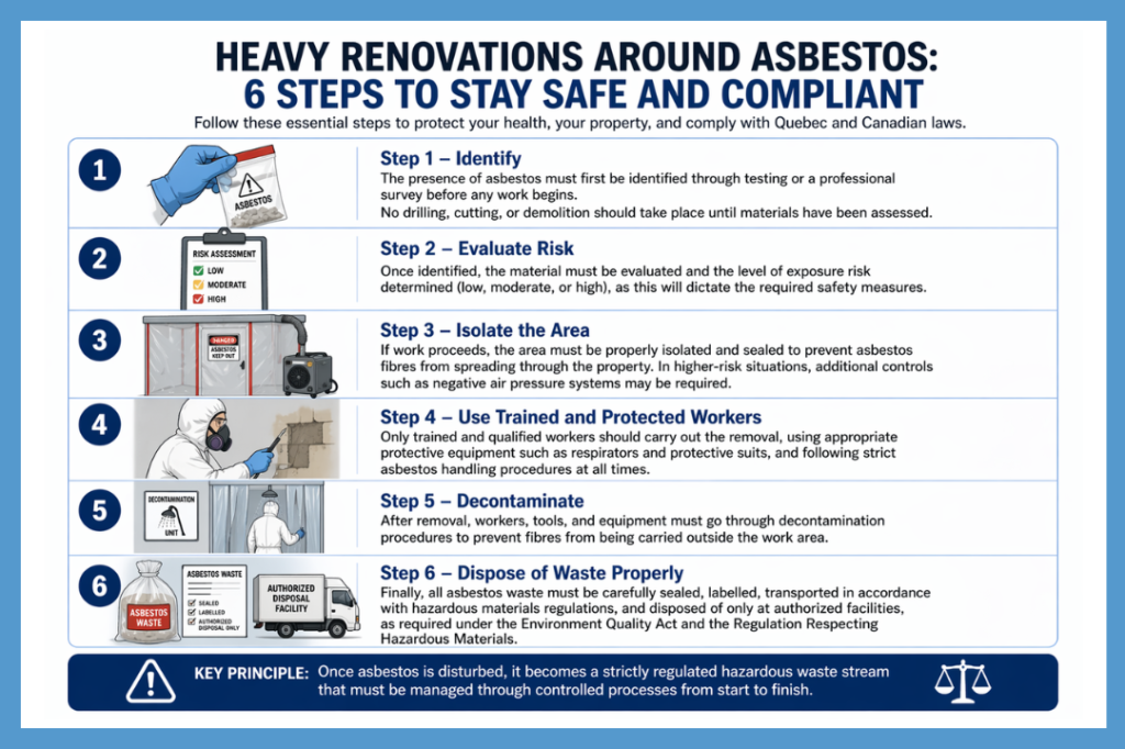 Step-by-step infographic showing safe asbestos renovation procedures in Canada, including identification, risk assessment, containment, removal by trained workers, decontamination, and regulated hazardous waste disposal under Quebec environmental and occupational health laws.
