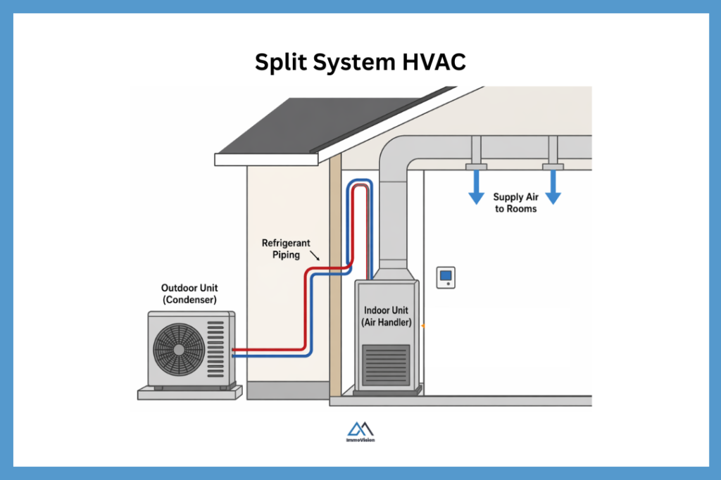 Flat illustration of a home HVAC system with outdoor condenser, indoor air handler, refrigerant piping, and supply and return air ducts.