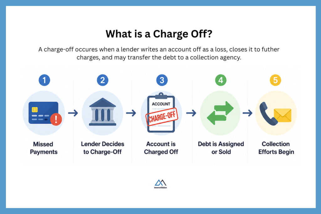 Infographic showing the charge-off process in Canada, from missed payments to lender charge-off, debt assignment or sale, and collection efforts.