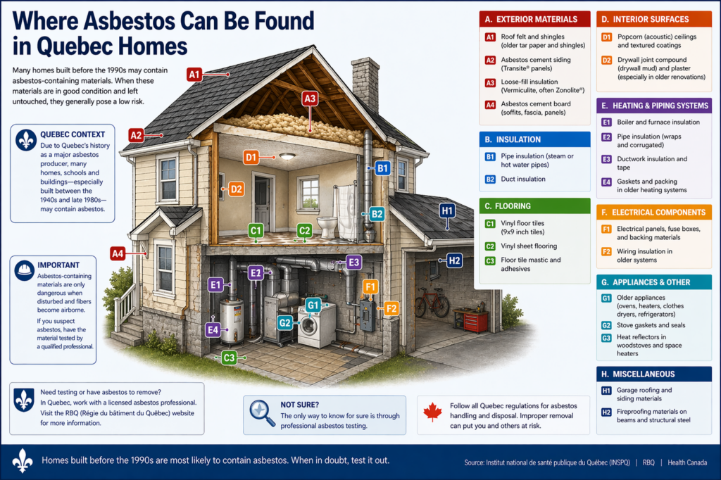Where asbestos is found in Quebec homes infographic showing attic insulation, tiles, pipes, ceilings, and roofing materials.