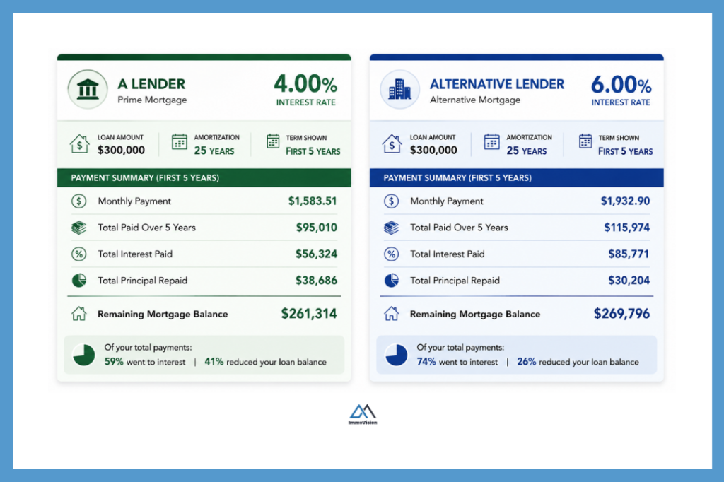 Side-by-side mortgage comparison infographic showing a $300,000 mortgage at 4% from an A lender versus 6% from an alternative lender, including monthly payment, total paid over 5 years, interest paid, principal repaid, and remaining mortgage balance.