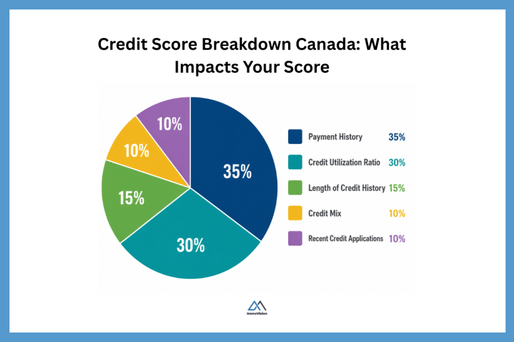 Pie chart showing Canadian credit score factors: payment history 35%, credit utilization 30%, length of credit history 15%, credit mix 10%, and recent credit applications 10%.