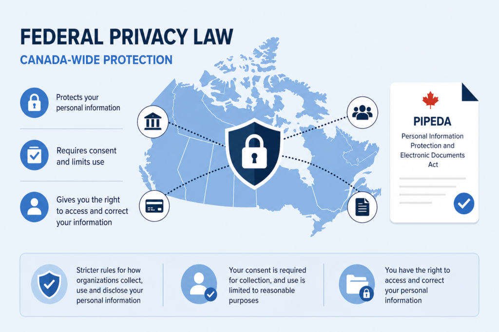 Infographic showing Canada-wide privacy law under PIPEDA with map of Canada and data protection icons