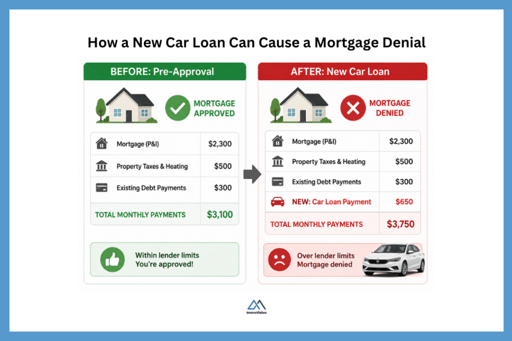 Infographic showing how a new car loan increases monthly debt payments and can cause a mortgage denial during the home buying process.