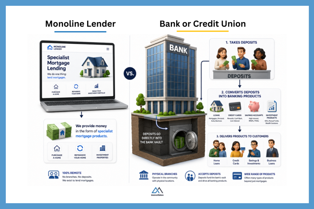 3D infographic comparing a monoline lender and a traditional bank, showing monoline lenders offering specialist mortgage products online while banks take deposits, store them in a vault, and convert them into loans, credit cards, and other financial products.