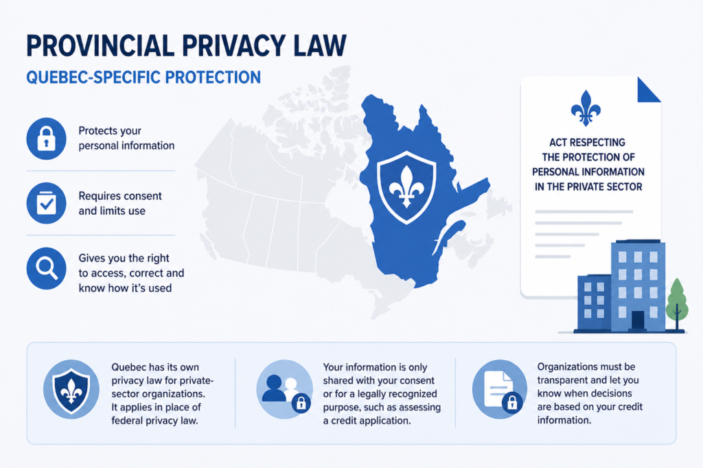 Infographic showing Quebec privacy law with highlighted Quebec map and data protection symbols