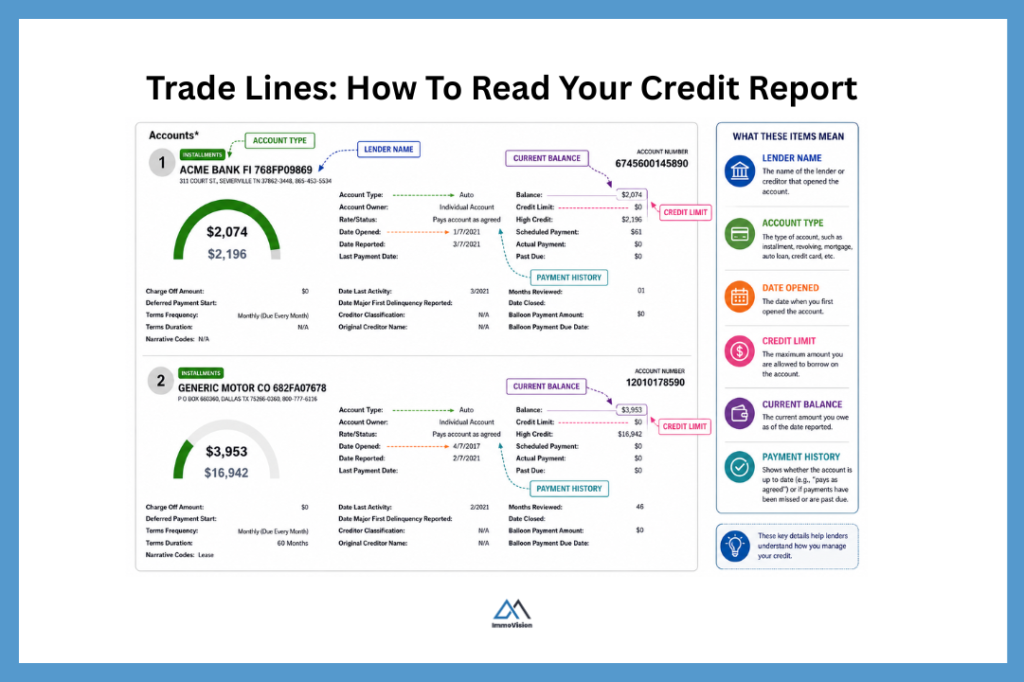 Annotated credit report infographic showing how to read lender information including account type, credit limit, balance, payment history, and date opened for better understanding of credit reports.