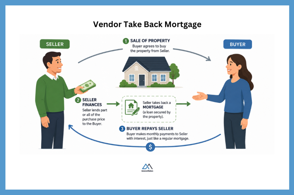Infographic explaining a vendor take-back mortgage where the seller provides financing to the buyer, who repays the seller over time with interest in a structured three-step process.