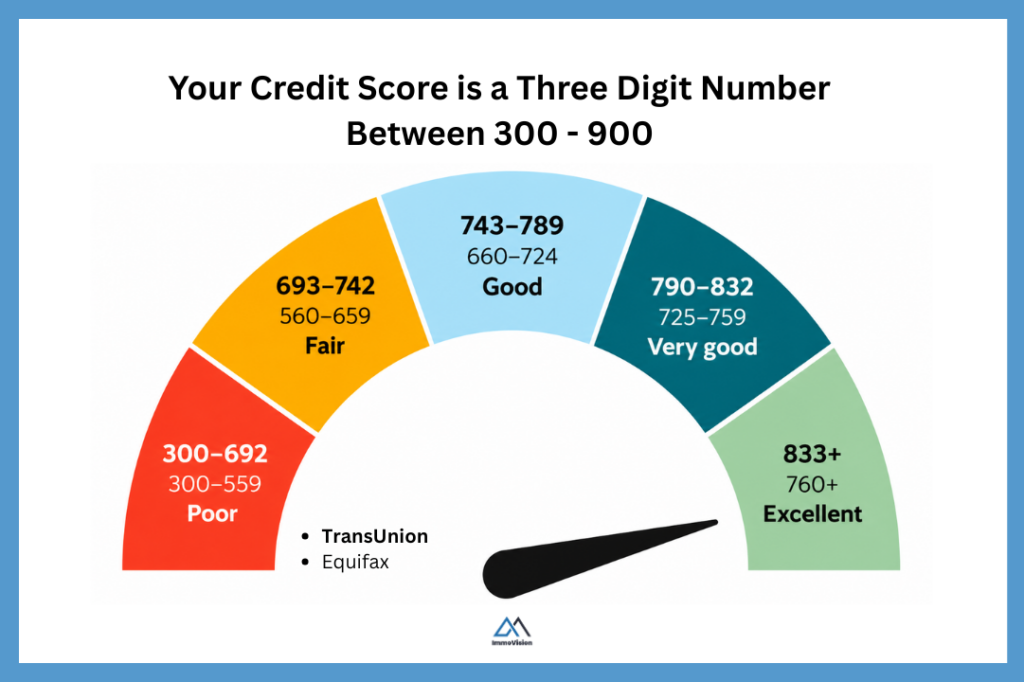 Credit score speedometer showing a range from 300 to 900, with red, yellow, and green zones indicating poor, fair, and good credit risk levels in Canada.